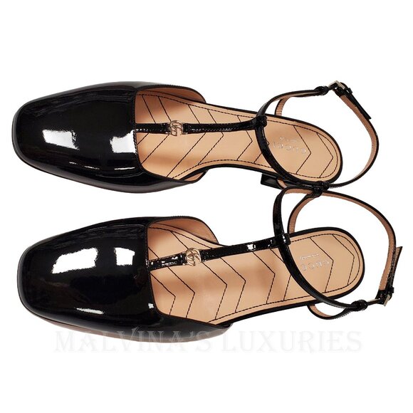 GUCCI SHOES T-STRAP BLACK LEATHER BALLET FLATS w DOUBLE G LOGO sz 39 9 - Picture 5 of 16